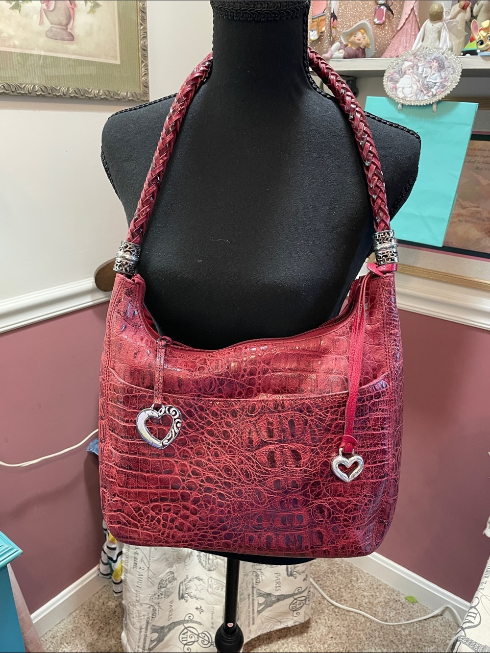 Red Textured Brighton Shoulder Bag with Heart Charms